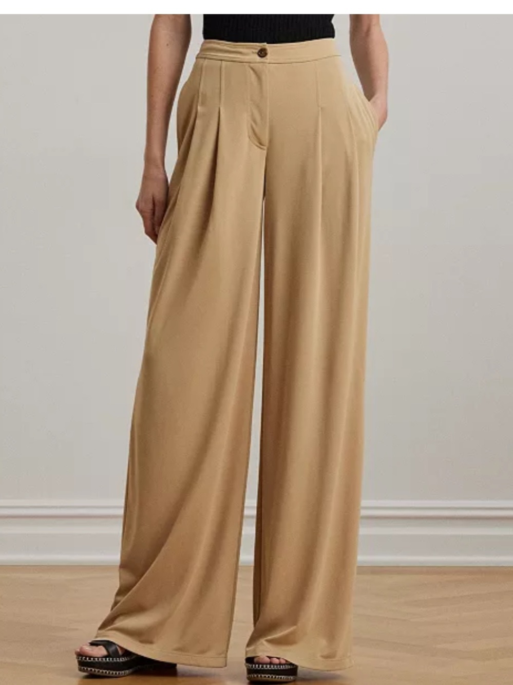 Lauren Ralph Lauren Pleated Stretch Jersey Wide-Leg Pants Women’s Tan Size 14